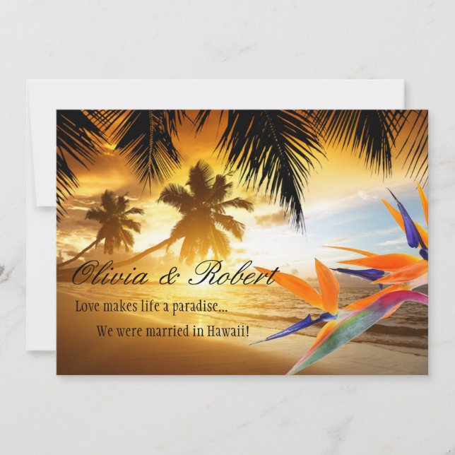 Beach Sunset Palm Trees Bird of Paradise Reception Invitation (Front)