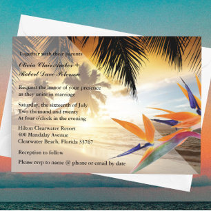 Beach Sunset Palm Trees Bird-of-Paradise Wedding Invitation