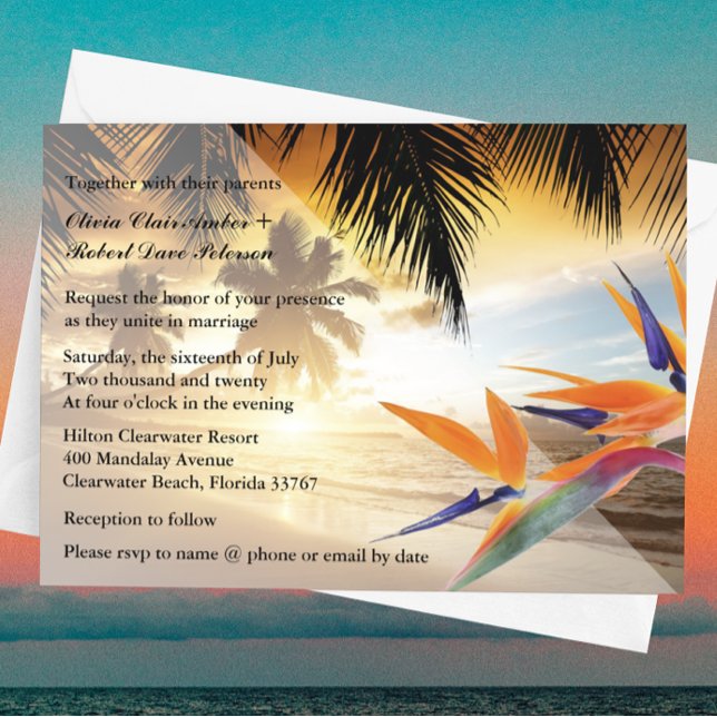 Beach Sunset Palm Trees Bird-of-Paradise Wedding Invitation (Creator Uploaded)