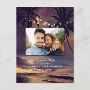 Beach Sunset Palms Lights Photo Save the Date Announcement Postcard