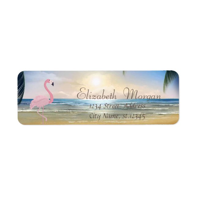 Beach,Sunset,Palms, Pink Flamingo Return Address Label (Front)