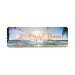 Beach,Sunset,Palms, Pink Flamingo Santa Hat Return Address Label