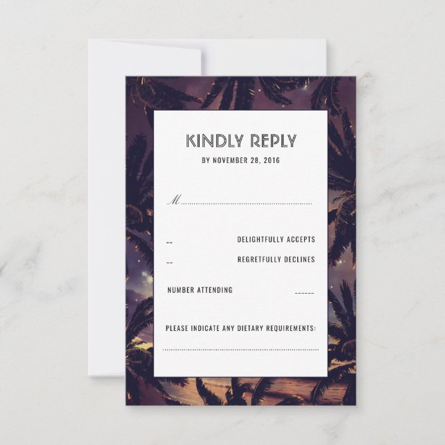 Beach Sunset Palms Purple Wedding RSVP Cards (Front)