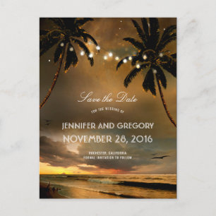Beach Sunset Palms String Lights Save the Date Announcement Postcard