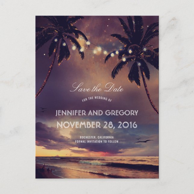 Beach Sunset Palms String Lights Save the Date Announcement Postcard (Front)