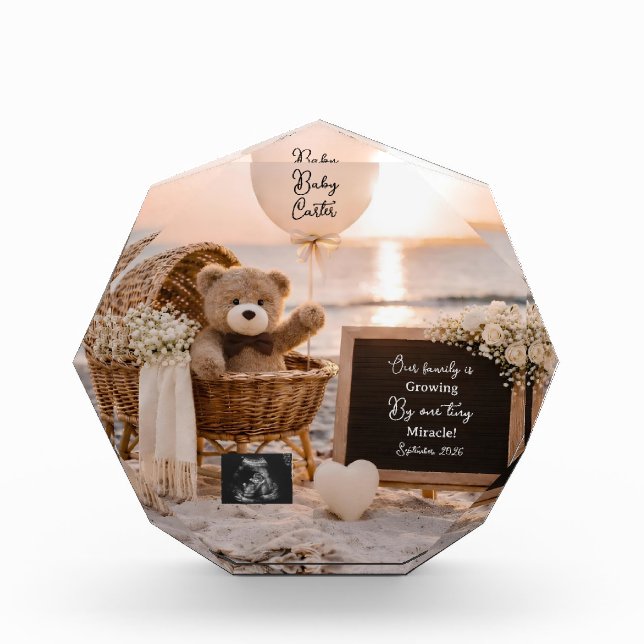 beach sunset pregnancy announcement teddy keepsake photo block (Front)