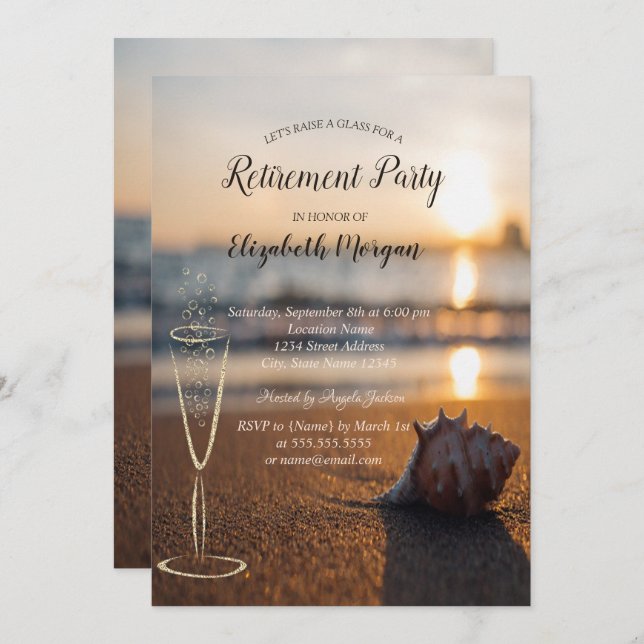 Beach Sunset Seashell Wine Glass Retirement Invitation (Front/Back)