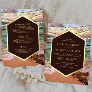 Beach Sunset String Lights All in One Wedding Invitation