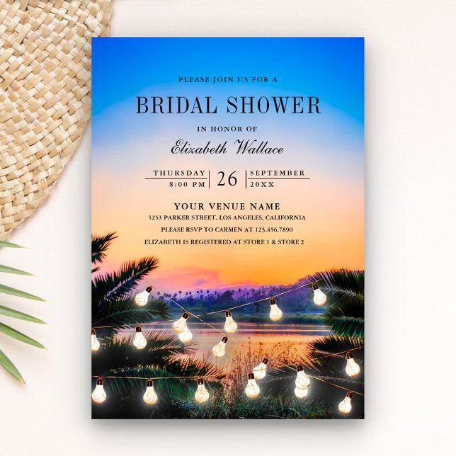 Beach Sunset String Lights Photo Bridal Shower Invitation (Creator Uploaded)