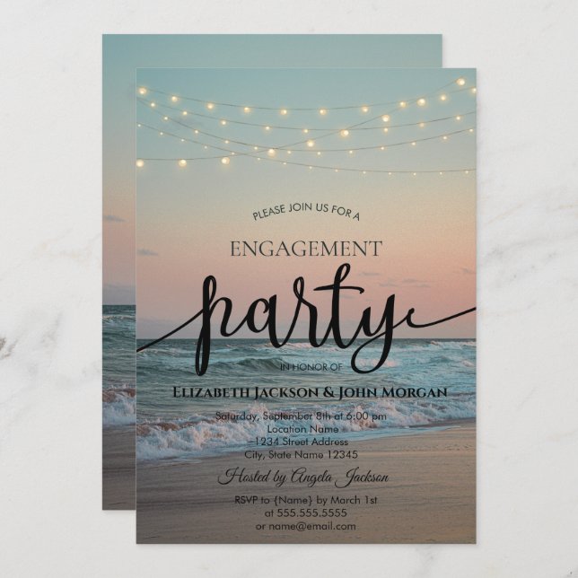 Beach Sunset,String Lights Script Engagement   Invitation (Front/Back)