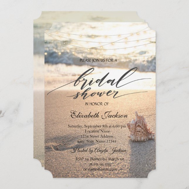 Beach Sunset String Lights Seashell Bridal Shower Invitation (Front/Back)