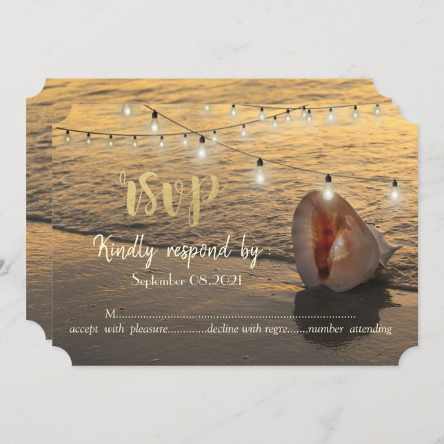 Beach Sunset,String Lights Seashell RSVP  Invitation (Front/Back)