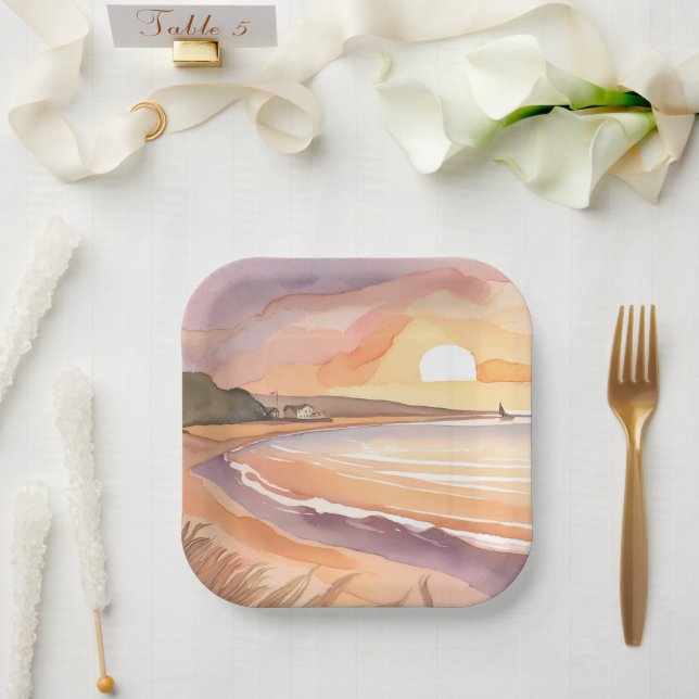 Beach Sunset Watercolor | Beautiful Ocean Painting Paper Plate (Wedding)