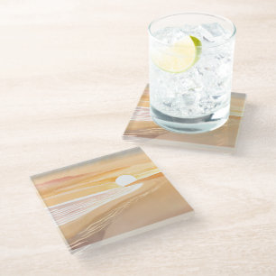 Beach Sunset Watercolor Beautiful Yellow Glass Coaster