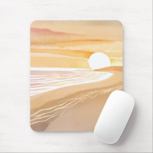 Beach Sunset Watercolor   Beautiful Yellow Ocean Mouse Pad