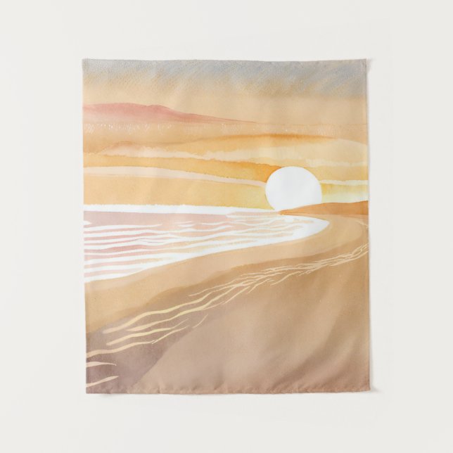 Beach Sunset Watercolor | Beautiful Yellow  Tapestry (Front)