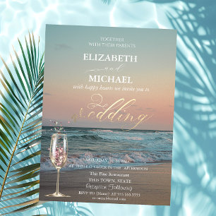 Beach Sunset,Waves,Champagne Glass Gold Wedding  Invitation