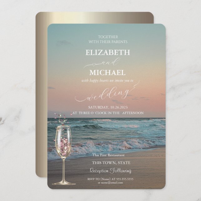 Beach Sunset,Waves,Champagne Glass Script Wedding Invitation (Front/Back)