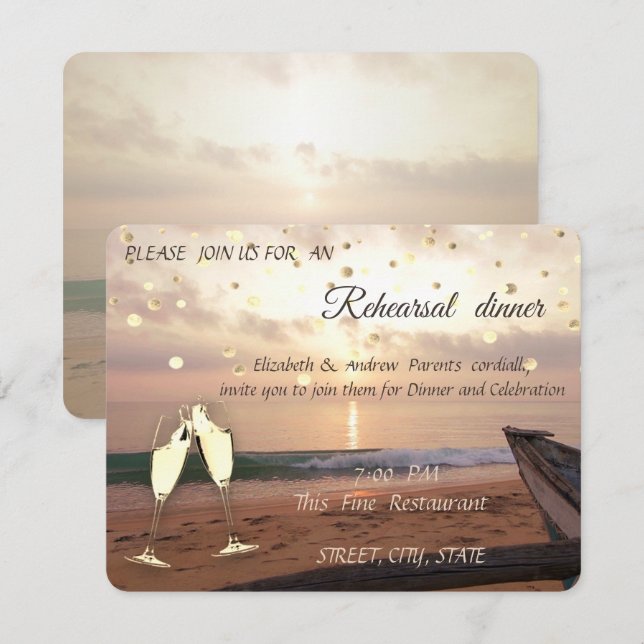 Beach Sunset Wedding,Glasses Rehearsal Dinner Car Invitation (Front/Back)