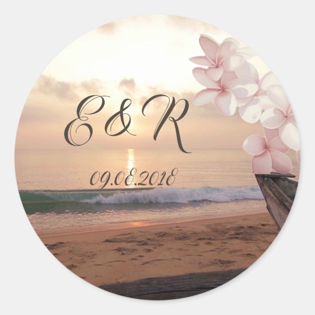 Beach Sunset Wedding Plumeria Classic Round Sticker (Front)