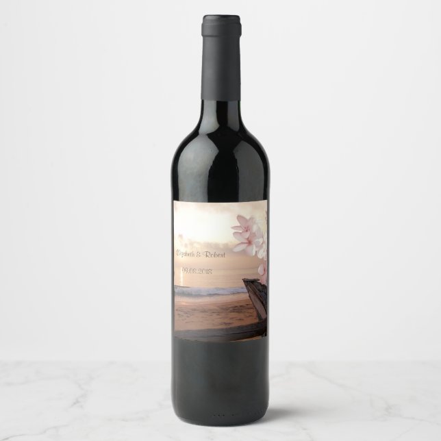 Beach Sunset   Wedding,Plumeria Wine Label (Front)