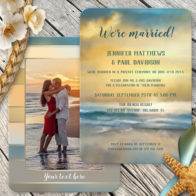 Beach Sunset Wedding Reception Photo Invitation (Wedding reception only, post or after wedding invitation featuring a painting of a beach at sunset)