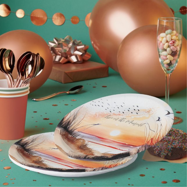 Beach Sunset with Birds Paper Plate (Multi)