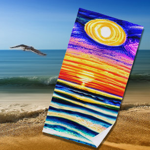 Beach Sunset with Waves & Sun, Orange & Blues Towel