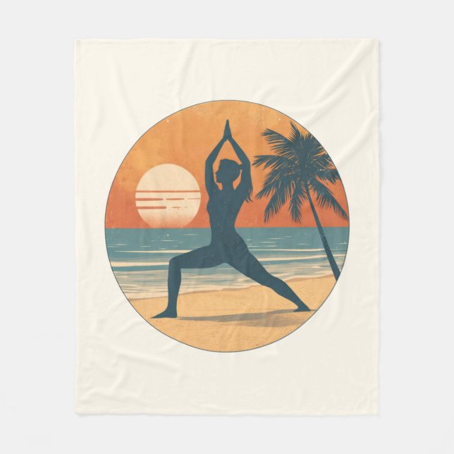 Beach Sunset Yoga Silhouette | Cream Coastal Life Fleece Blanket (Front)
