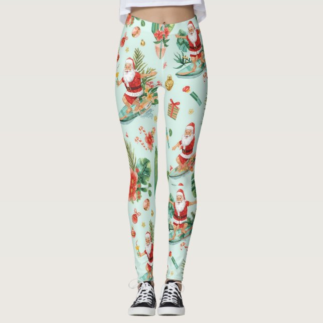 Beach Surf Christmas Party with Santa Claus  Leggings (Front)