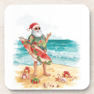 Beach Surf Christmas Party with Santa Claus Squar Coaster