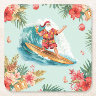 Beach Surf Christmas Party with Santa Claus Squar Square Paper Coaster