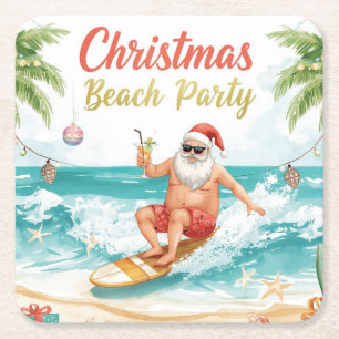 Beach Surf Christmas Party with Santa Claus Squar Square Paper Coaster