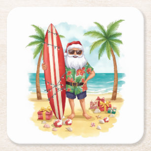 Beach Surf Christmas Party with Santa Claus  Square Paper Coaster