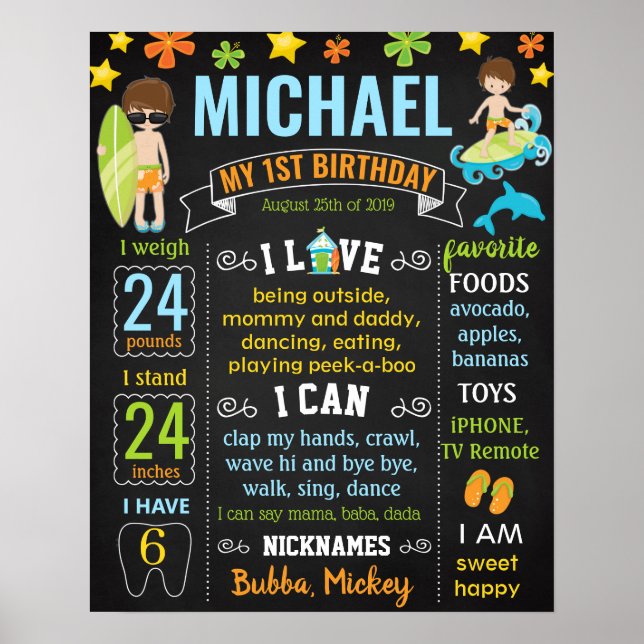 Beach Surf Surfing summer Birthday Party board Poster (Front)