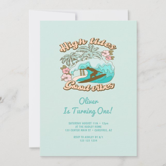 Beach Surfboard Good Vibes Boy's 1st Birthday Invitation (Front)