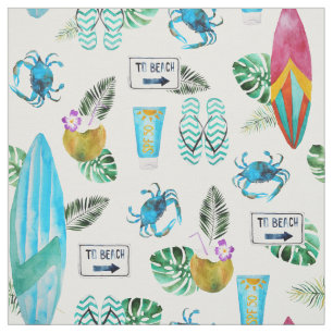 Beach Surfboard summer flip flops watercolor Fabric