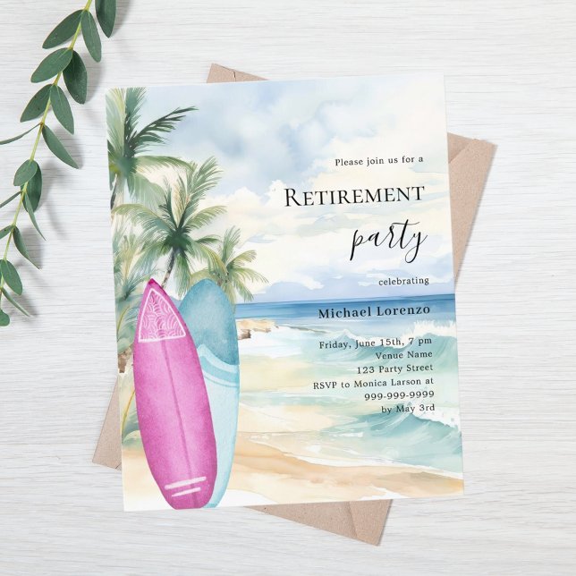 Beach surfboards retirement party invitation (Creator Uploaded)