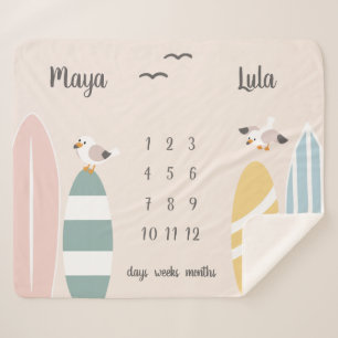 Beach Surfer Twins Milestone Baby Sherpa Blanket