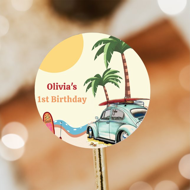 Beach Surfing Birthday Party   Classic Round Sticker (Creator Uploaded)