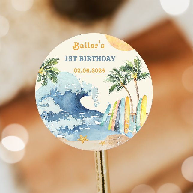 Beach Surfing Birthday Party  Classic Round Sticker (Creator Uploaded)
