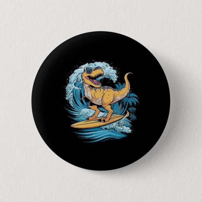 Beach Surfing Dinosaur T-rex Surfer  6 Cm Round Badge (Front)