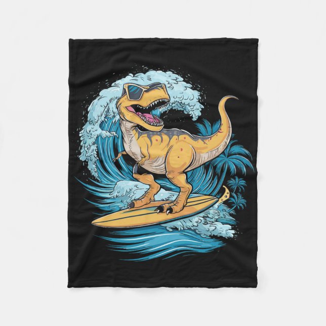 Beach Surfing Dinosaur T-rex Surfer  Fleece Blanket (Front)