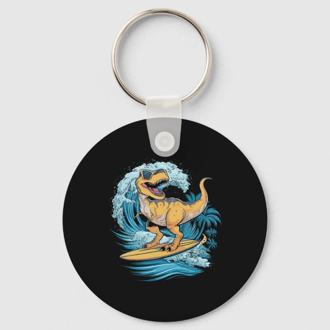 Beach Surfing Dinosaur T-rex Surfer  Key Ring (Front)