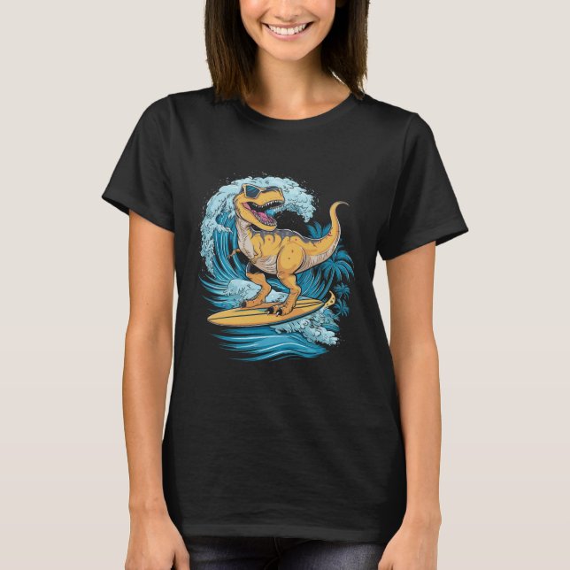 Beach Surfing Dinosaur T-rex Surfer  T-Shirt (Front)