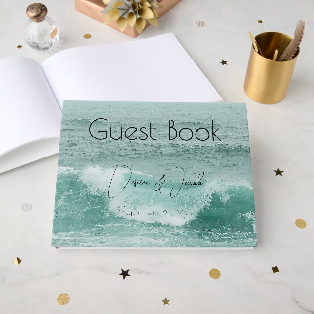 Beach Teal White Nautical Ocean Waves Guest Book (Front Open)