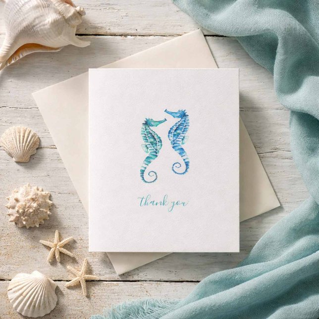 Beach Thank You Cards (Beach Wedding thank you cards folded watercolor blue seahorses Victoria Grigaliunas Do Tell A Belle)