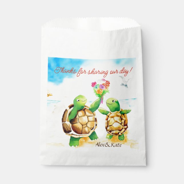 Beach Thank You, Cute Turtle Couple Wedding Favour Bag (Front)