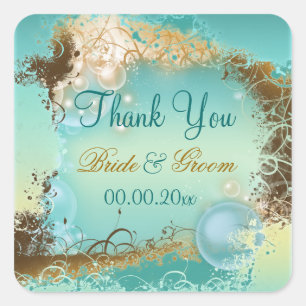 Beach "thank you" wedding aqua white square sticker
