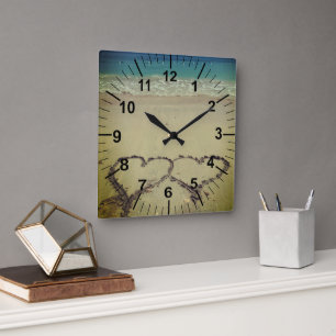 Beach Theme Hearts In Sand Square Wall Clock